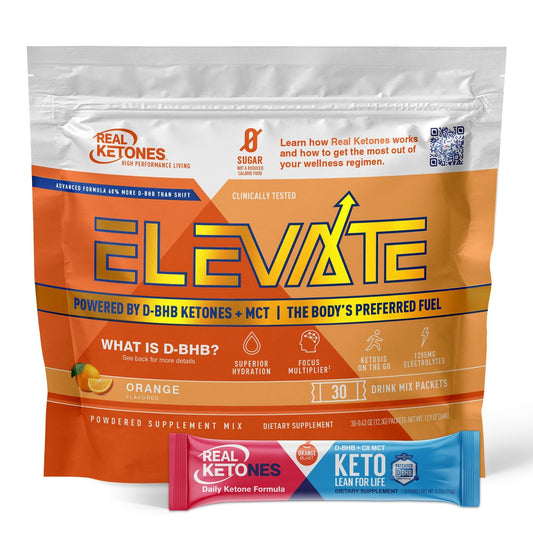 Real Ketones MCT & BHB drink packets show orange flavor for steady energy.