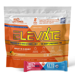 Real Ketones MCT & BHB drink packets show orange flavor for steady energy.