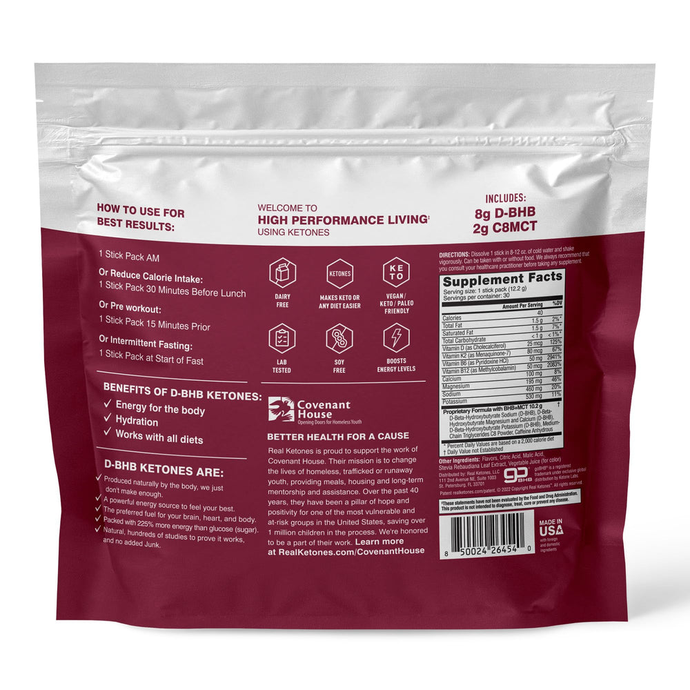 Real Ketones ingredient label emphasizes clean, sugar-free electrolytes and no artificial sweeteners.