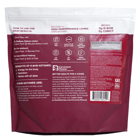 Real Ketones packaging side view highlighting portable keto energy with mixed berry flavor.