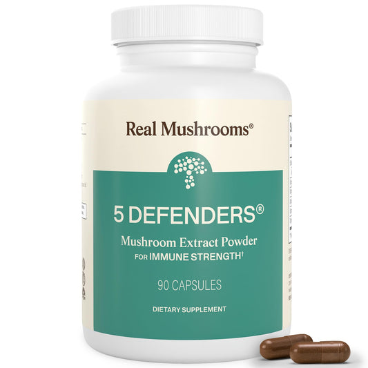 Real Mushrooms 5 Defenders bottle-cap close-up for daily capsules.