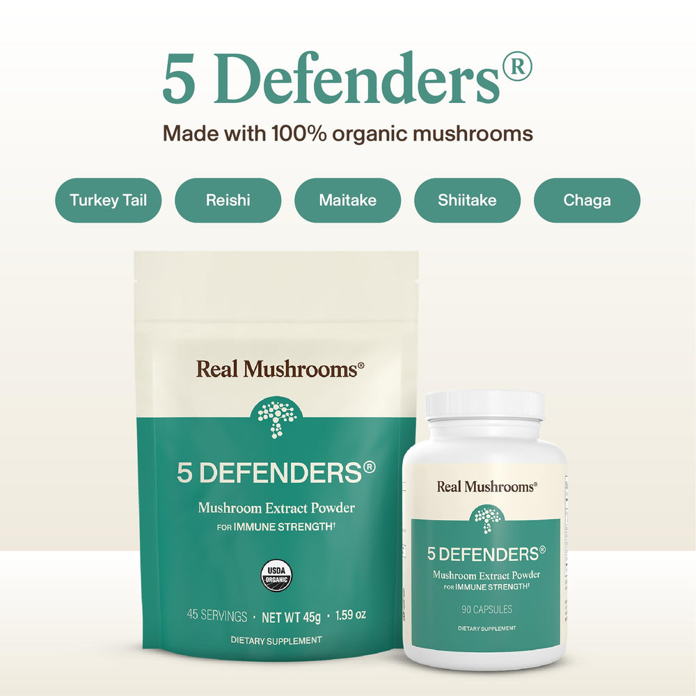 Real Mushrooms 5 Defenders bottle pouring powder into a cup