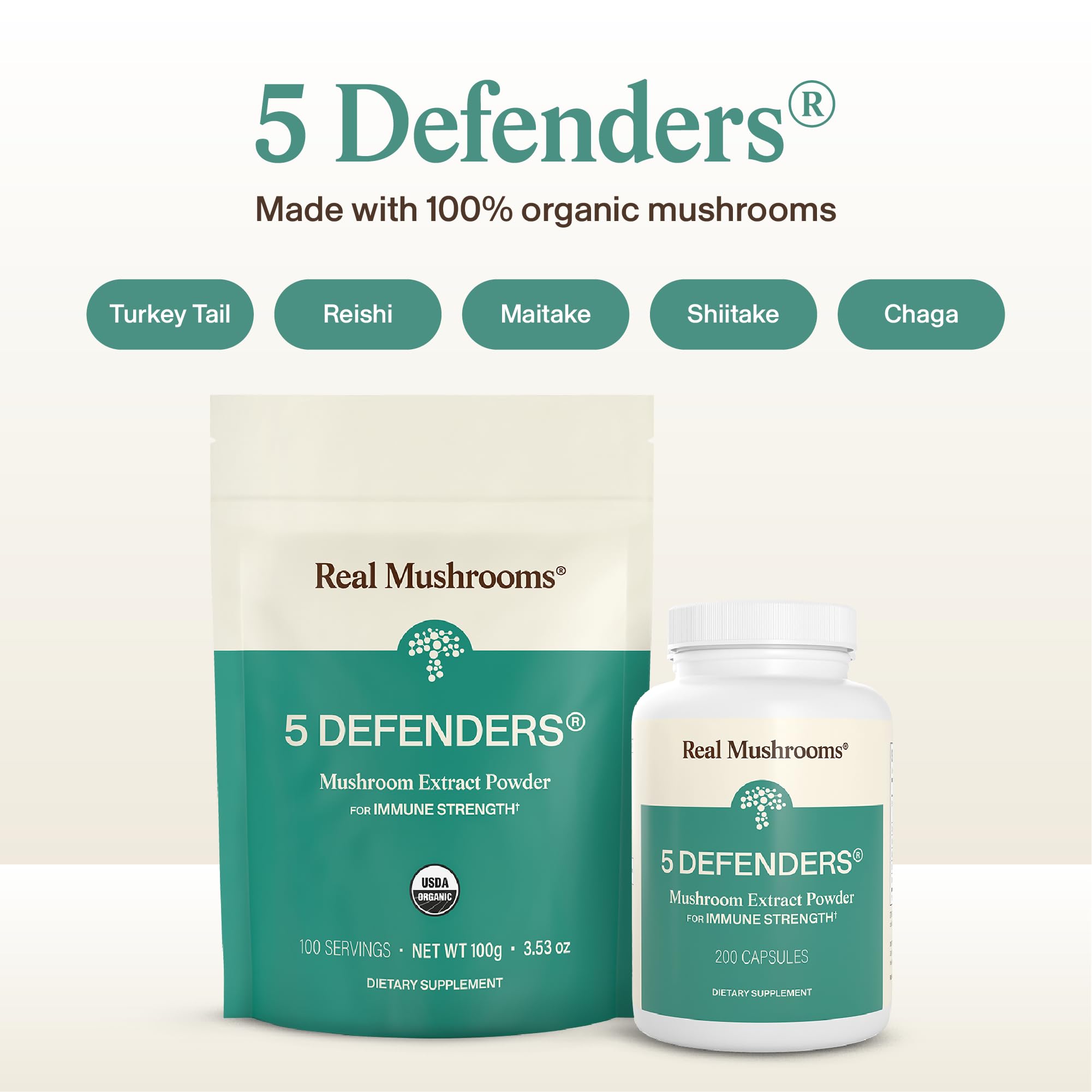 Real Mushrooms 5 Defenders capsules close-up for convenient supplementation