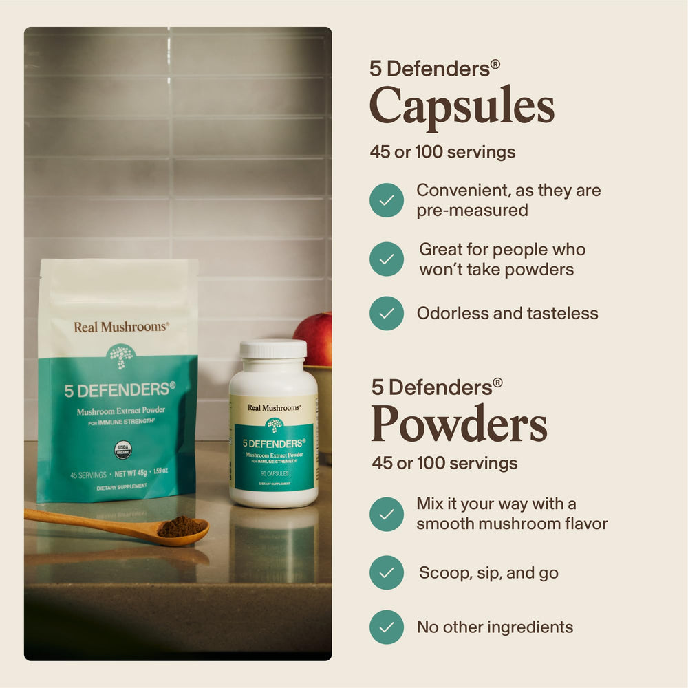 Real Mushrooms 5 Defenders organic label signaling clean ingredients.