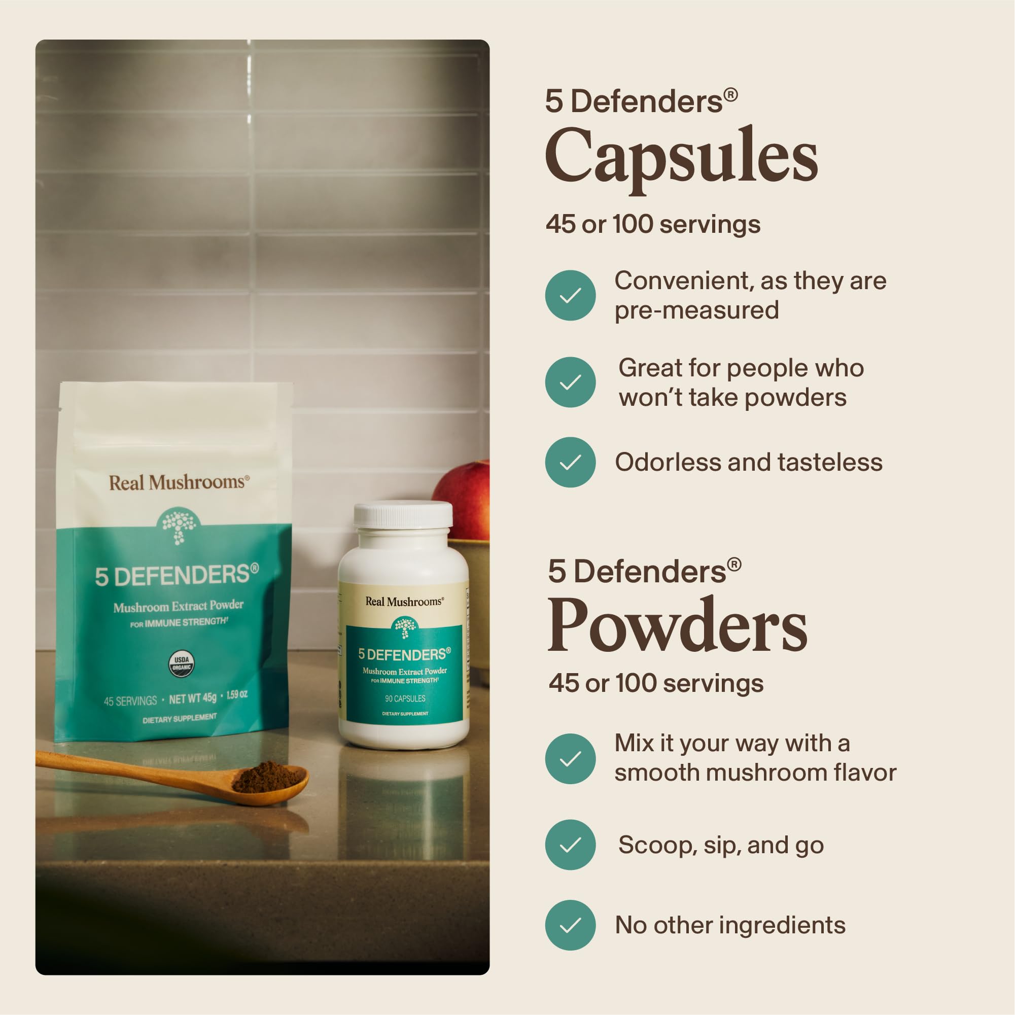 Real Mushrooms 5 Defenders powder scoop illustrating portable daily use