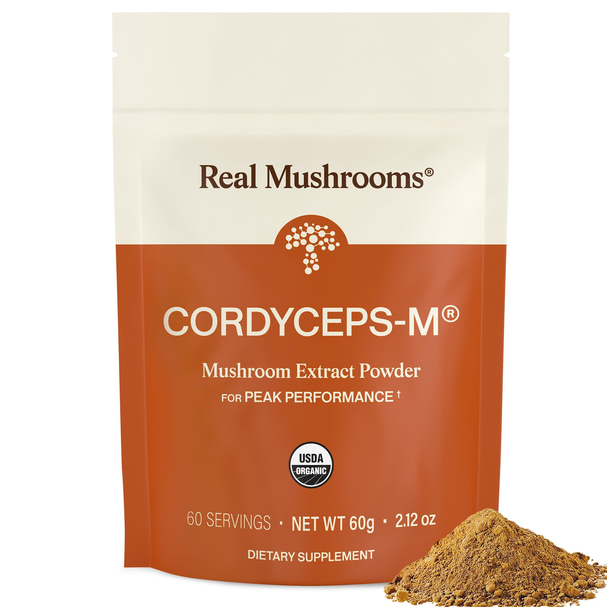 Real Mushrooms Cordyceps powder bottle showing 100% fruiting body extract for daily wellness