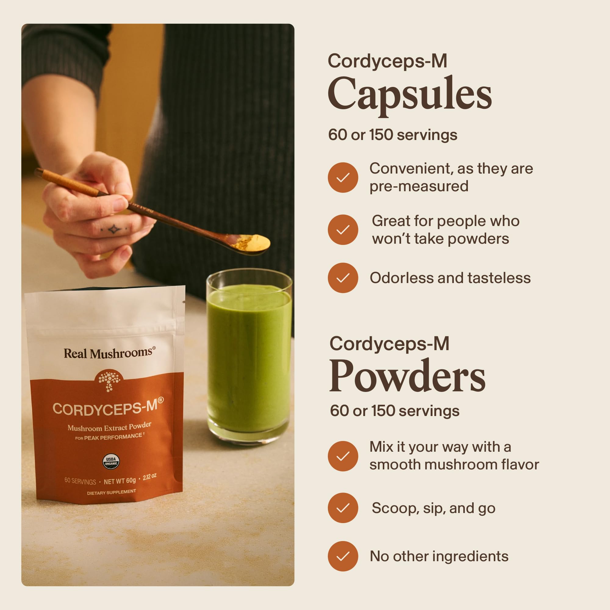Real Mushrooms cordyceps powder stirred into coffee for a smooth energy lift