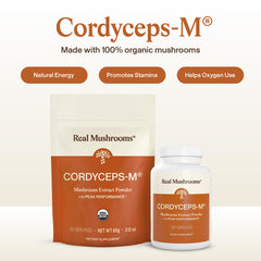 Real Mushrooms cordyceps powder measuring scoop beside the jar for easy daily dosing
