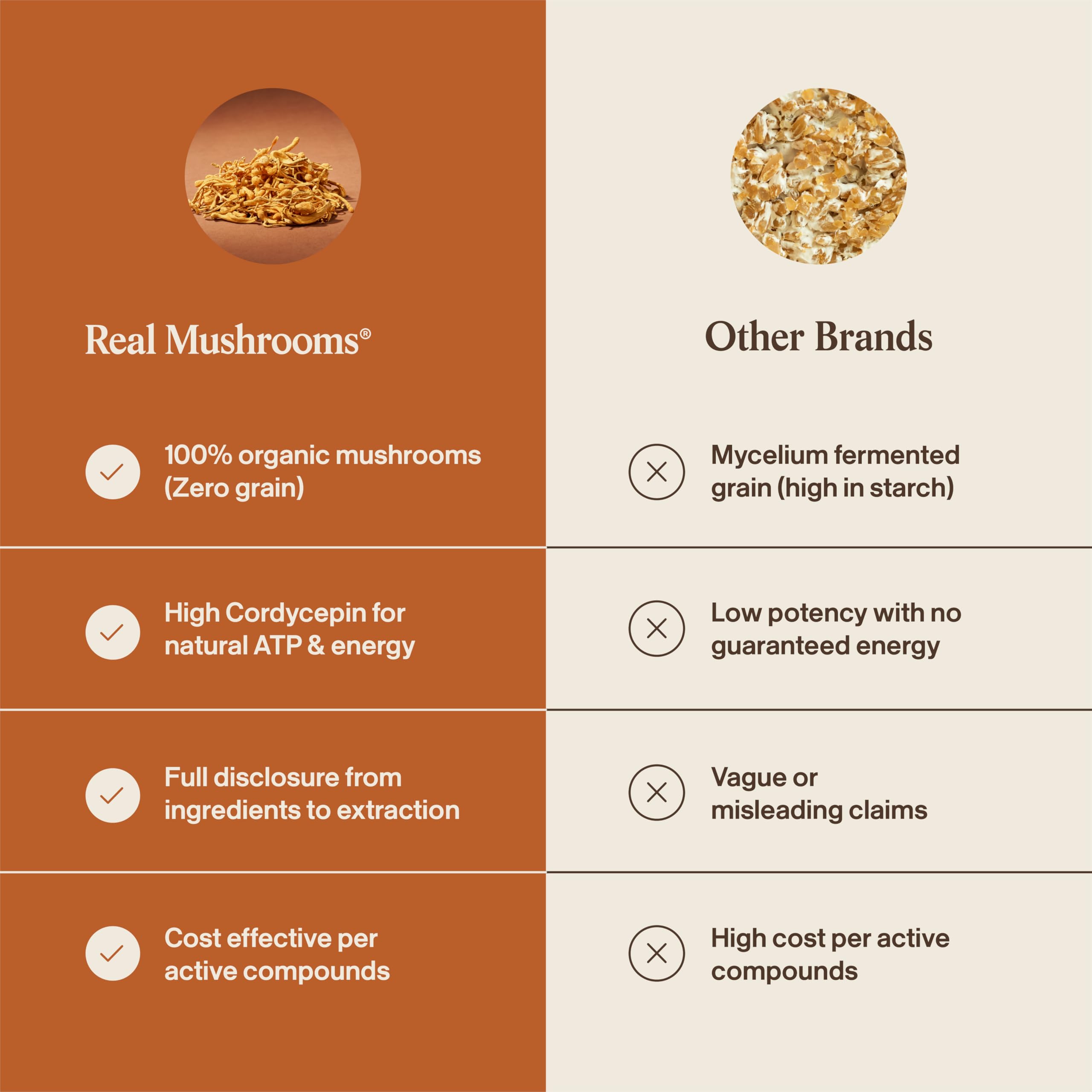 Real Mushrooms bottle near NSF-certified facility seal for quality
