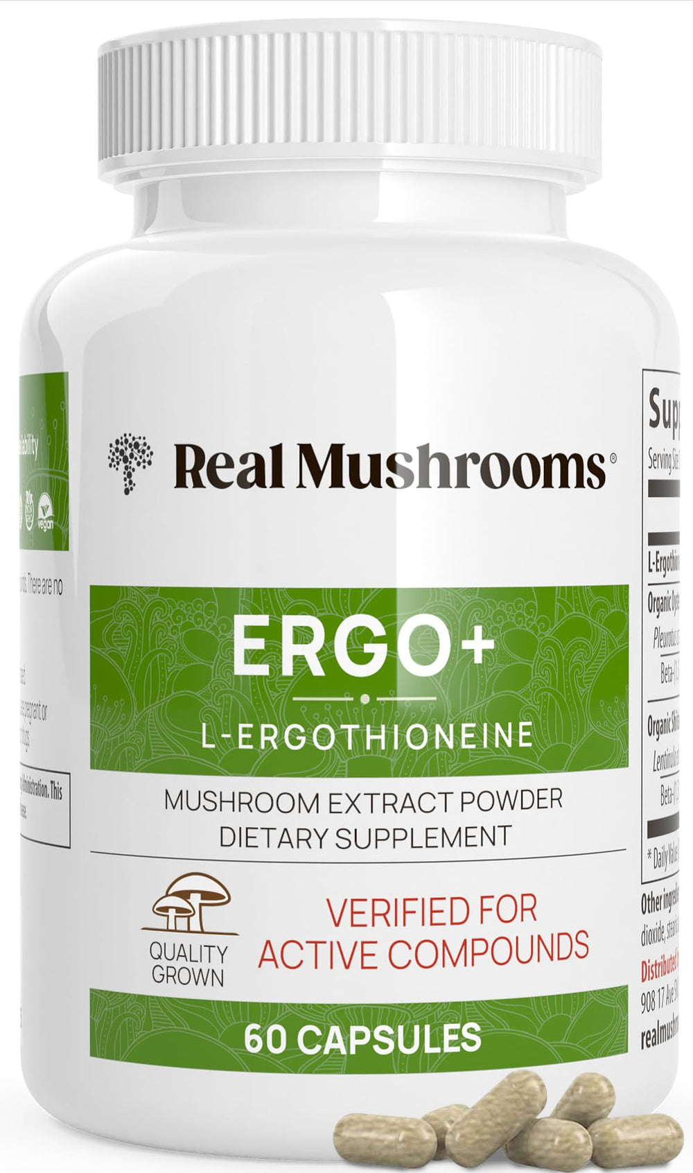 Real Mushrooms Ergothioneine bottle showing organic mushroom extract and capsule form