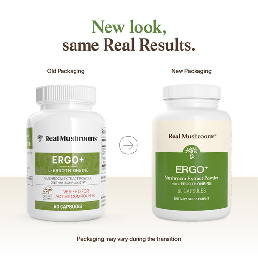 Real Mushrooms Ergothioneine label with sourcing details and ingredients