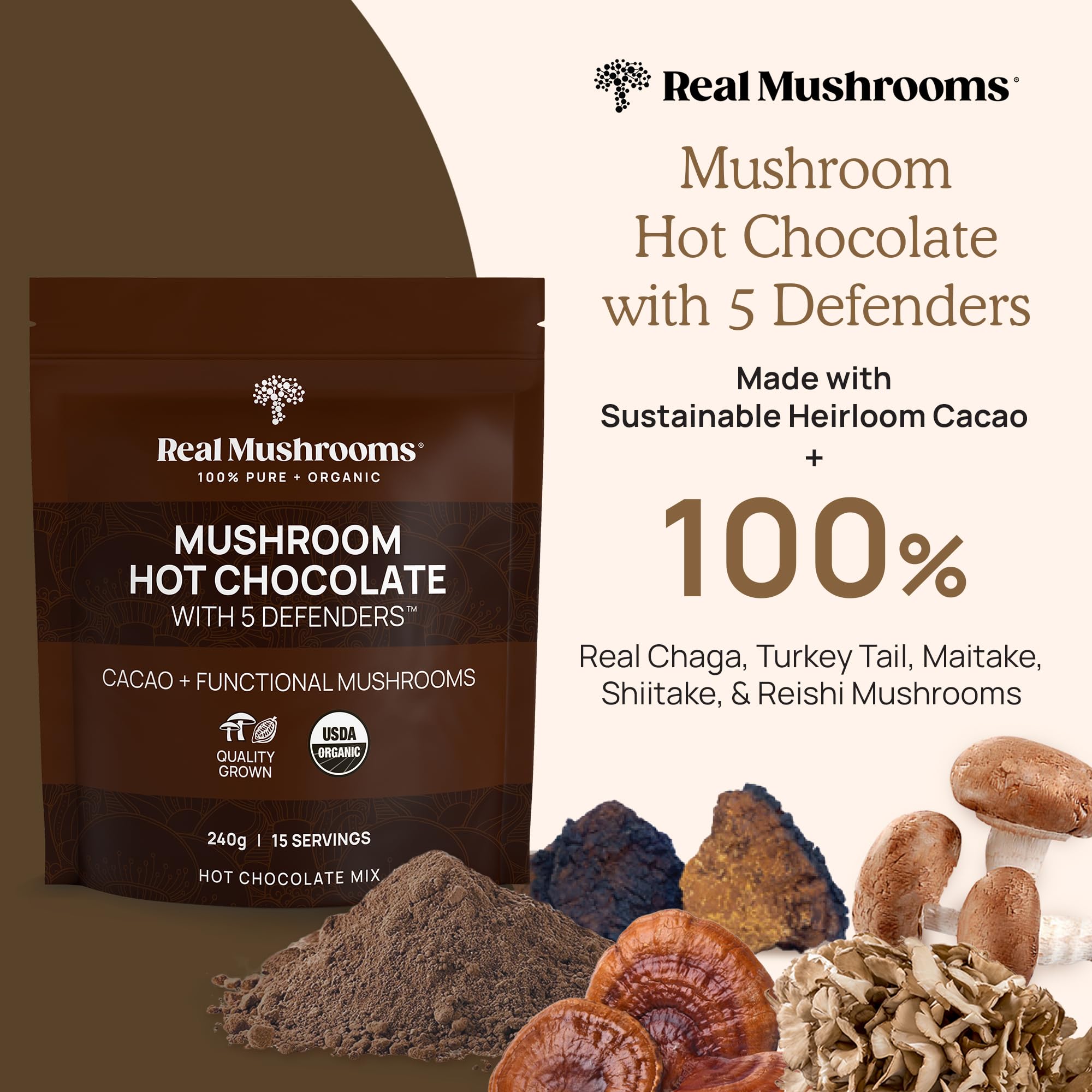 Real Mushrooms hot chocolate chaga bowl with rich, chocolatey flavor.