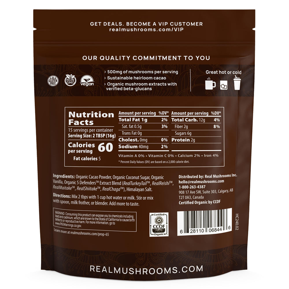 Real Mushrooms hot chocolate shiitake jar with earthy aroma.