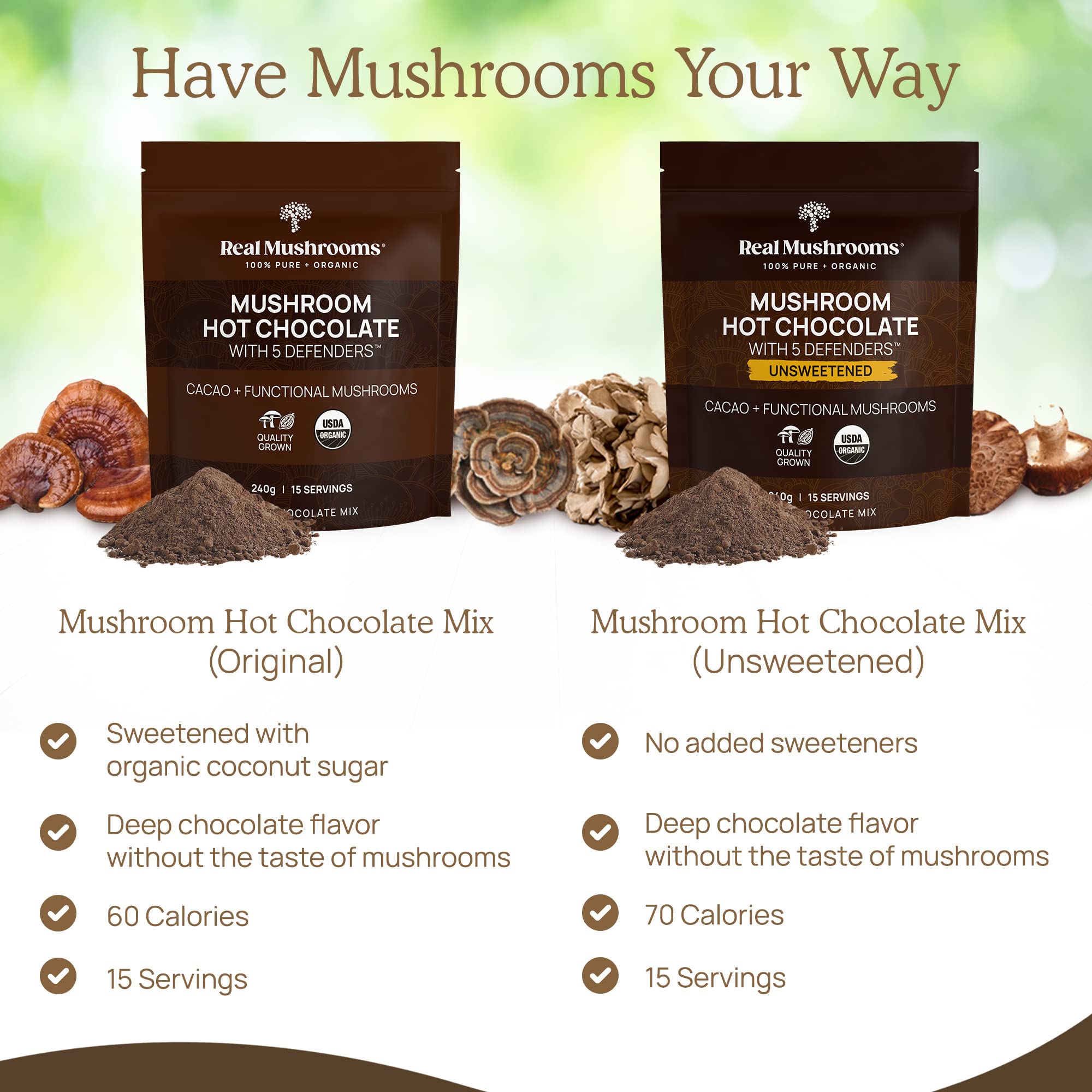 Real Mushrooms hot chocolate steaming cup for cozy mornings.