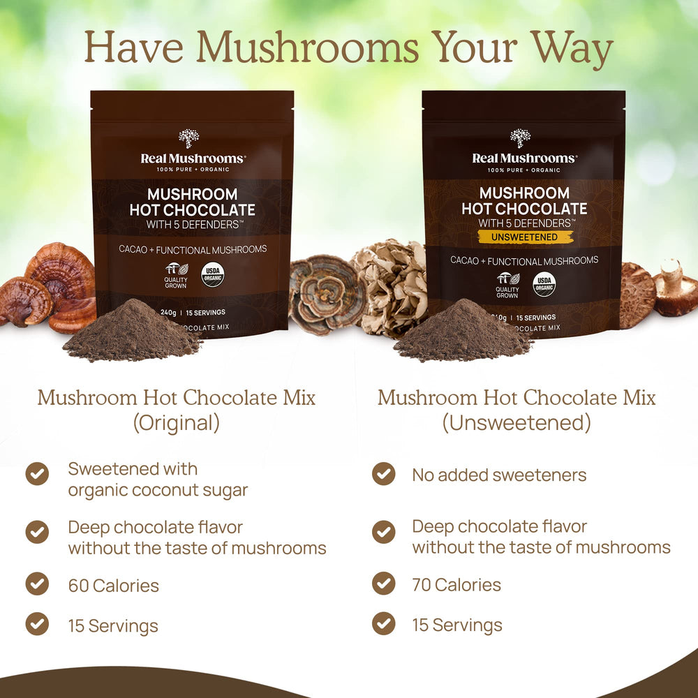 Real Mushrooms hot chocolate steaming cup for cozy mornings.