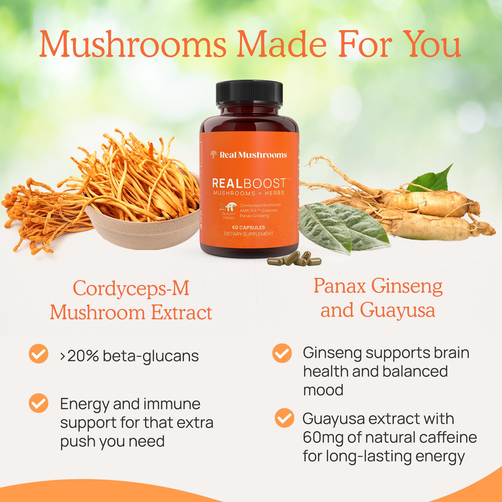Real Mushrooms RealBoost packaging highlights USDA Organic and gluten-free status.