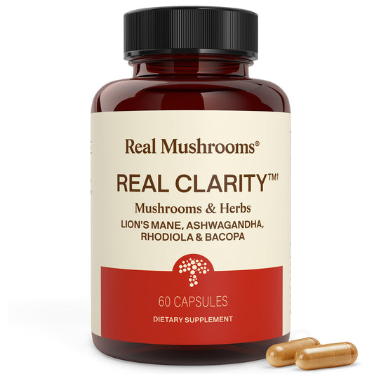 Real Mushrooms RealClarity bottle front branding for focus support.