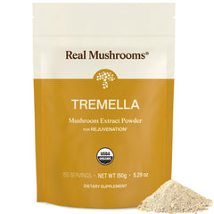 Real Mushrooms Tremella bottle with organic label highlighting purity for daily use.