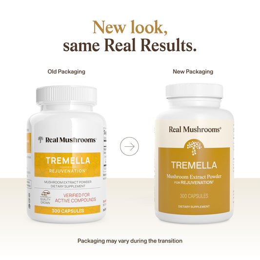 Real Mushrooms Tremella capsules closeup highlights vegan formula and clean labeling.