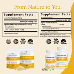 Real Mushrooms Tremella powder with lab verification badge signaling third-party quality.