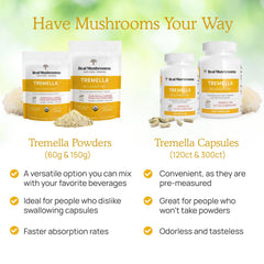 Real Mushrooms Tremella being added to tea for a gentle daily routine.