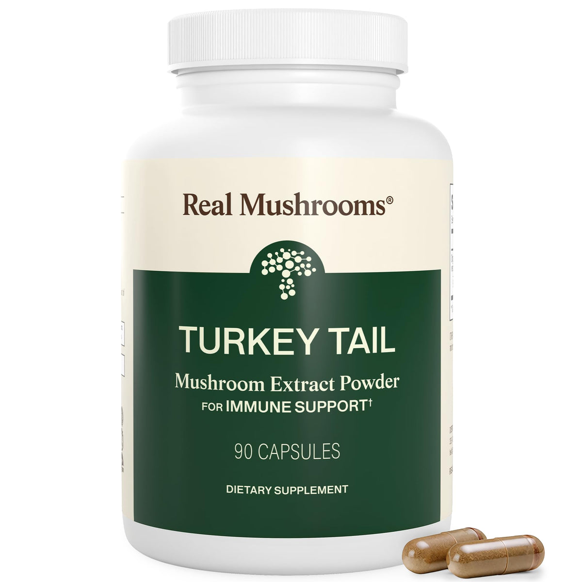 Real Mushrooms Turkey Tail capsules bottle for daily wellness support.