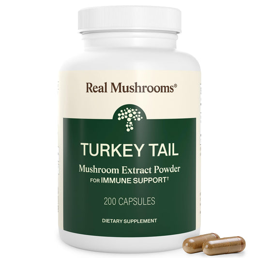 Real Mushrooms Turkey Tail capsules bottle for daily gut and immune support