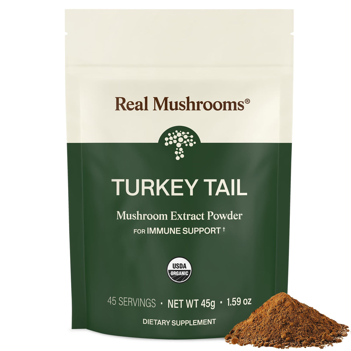 Real Mushrooms Turkey Tail packaging showing organic, clean-label formula for daily wellness.