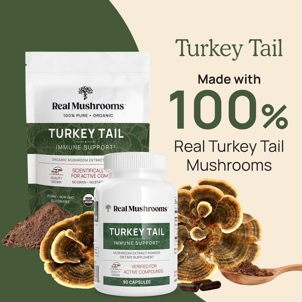 Real Mushrooms Turkey Tail powder in coffee cup showing seamless blending into mornings.
