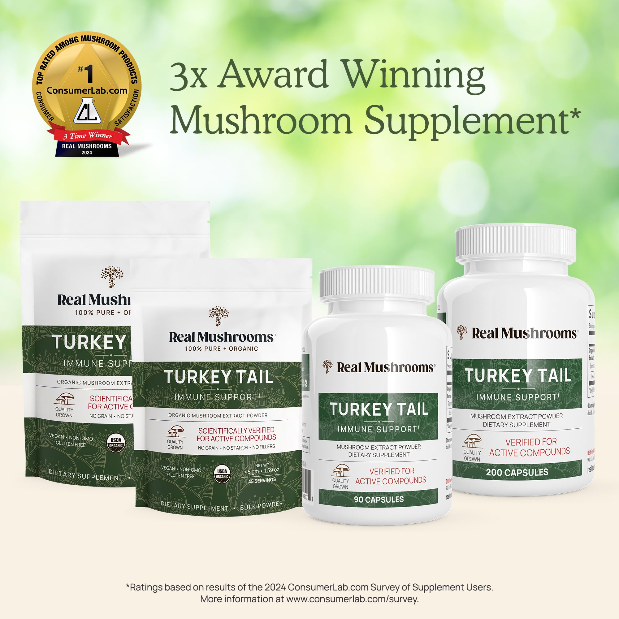 Real Mushrooms Turkey Tail powder tea setup suggests simple usage
