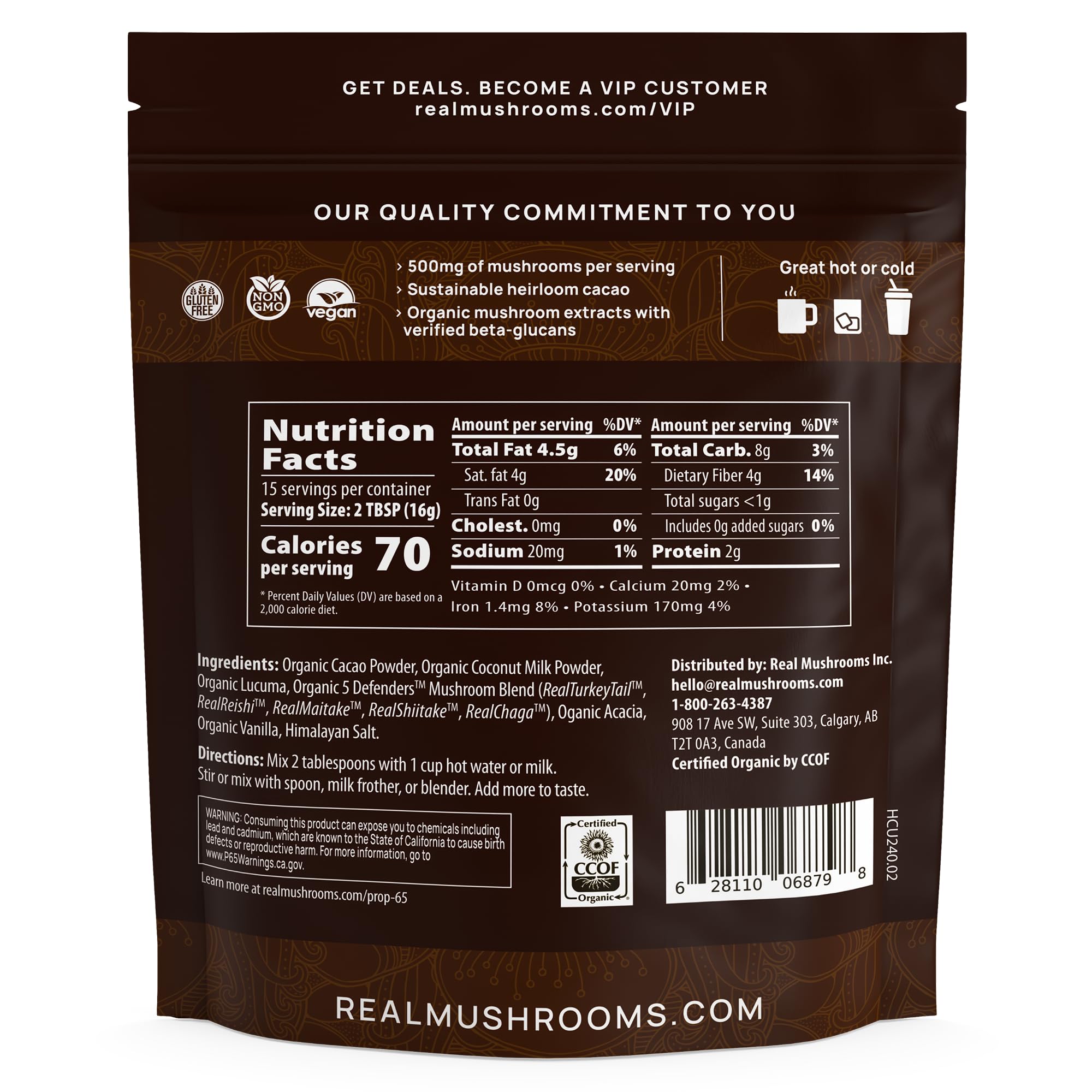 Real Mushrooms ingredient bag highlights 5 Defender mushrooms and heirloom cacao.