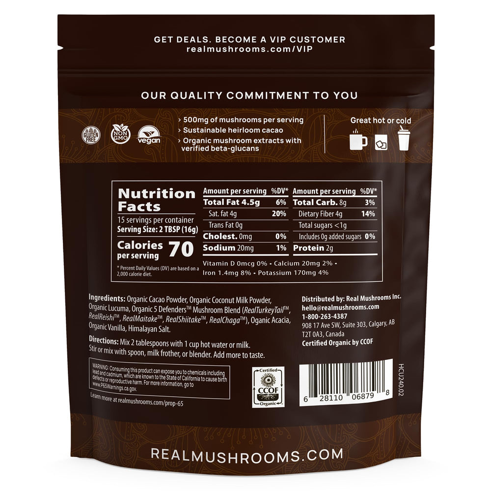 Real Mushrooms ingredient bag highlights 5 Defender mushrooms and heirloom cacao.