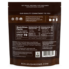 Real Mushrooms ingredient bag highlights 5 Defender mushrooms and heirloom cacao.
