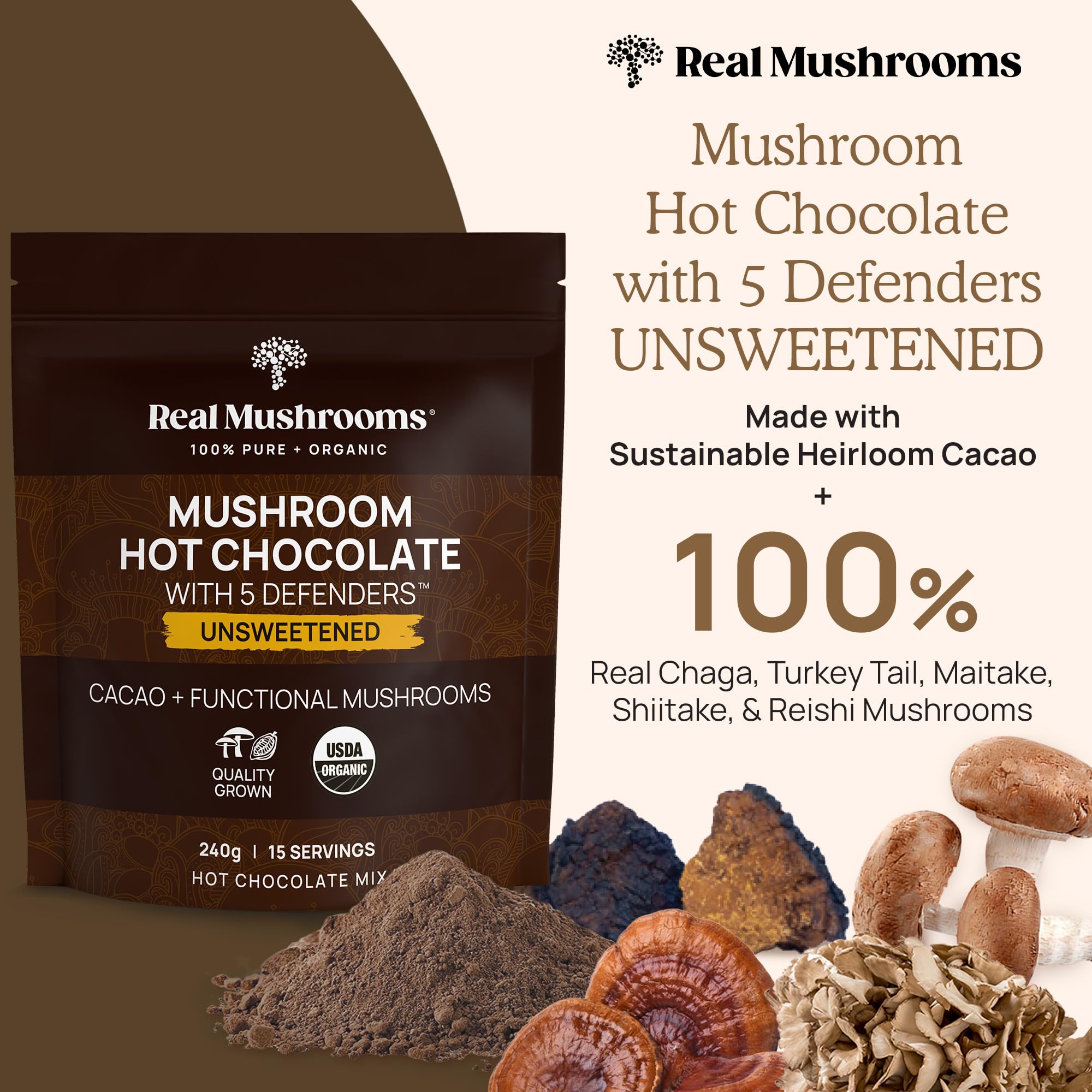 Real Mushrooms blend with organic coconut milk powder and vanilla for creaminess.