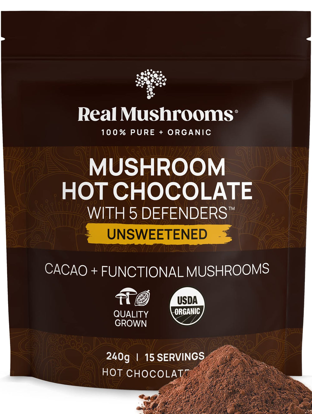 Real Mushrooms packaging shows five Defender mushrooms for a sugar-free treat.