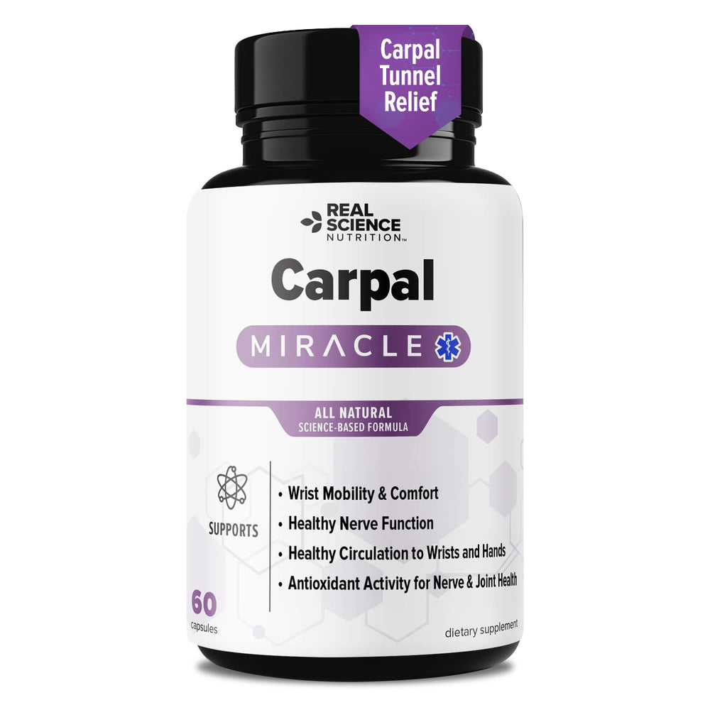 Real Science Nutrition Carpal Miracle bottle on a clean desk for daily wrist support.