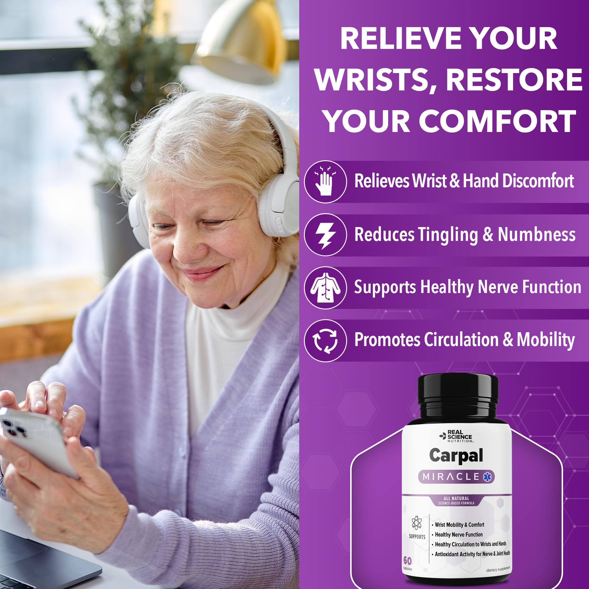 Carpal Miracle capsules close-up showing easy daily dose for wrist comfort.
