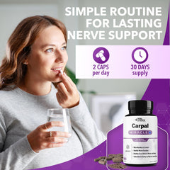 Carpal Miracle wrist-support graphic showing benefits of flexibility and nerve comfort.