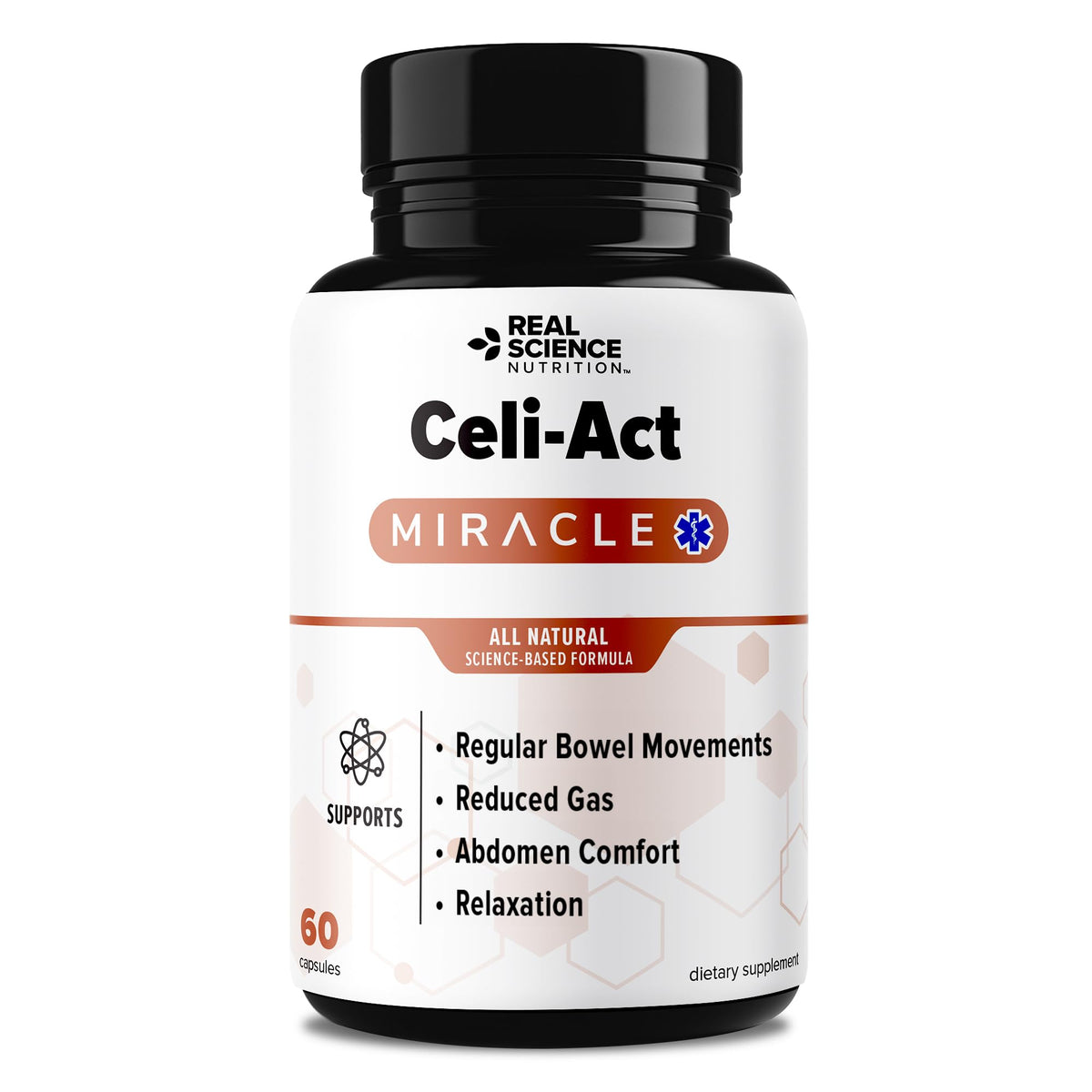 Real Science Nutrition Celi-Act Miracle bottle front promotes daily digestive comfort