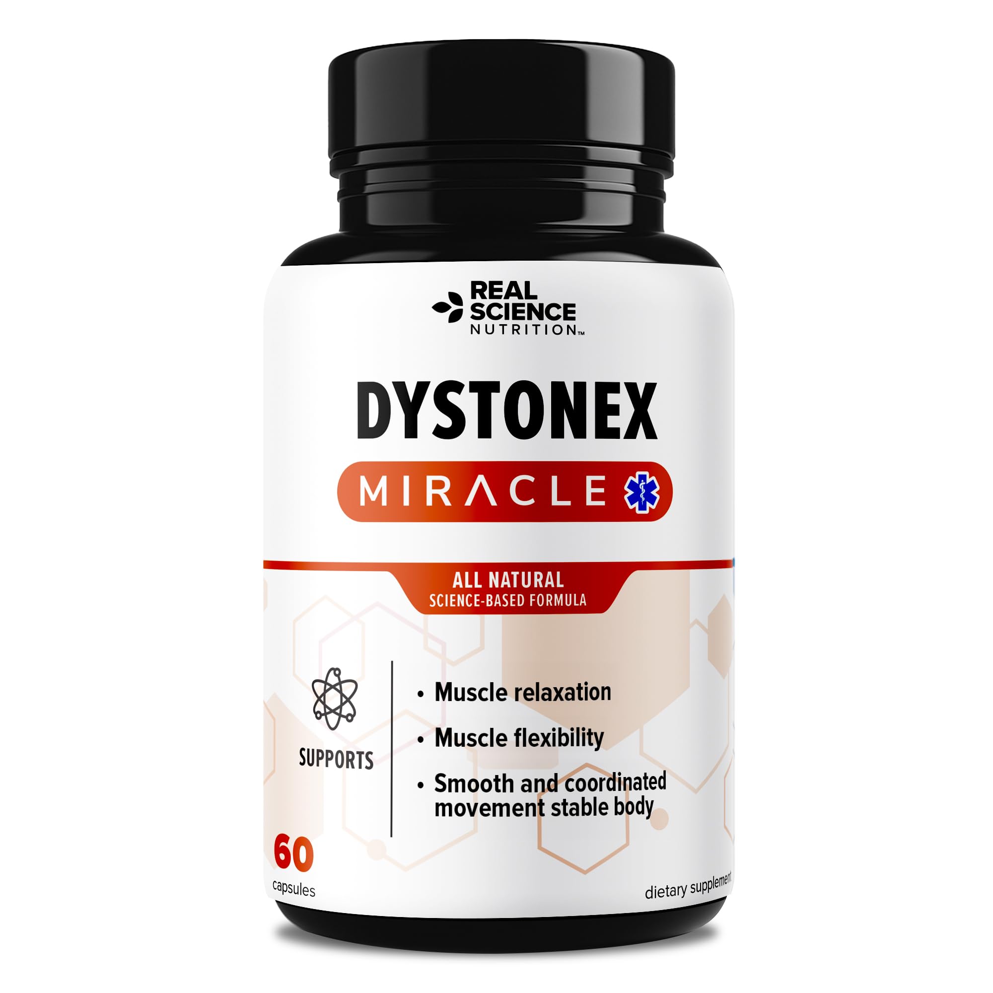 Real Science Nutrition Dystonia Miracle bottle on counter supports daily wellness.