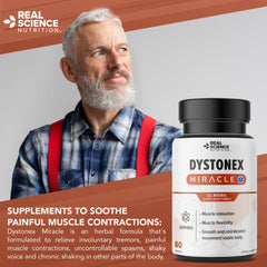Person pouring water with Dystonia Miracle bottle for daily routine.