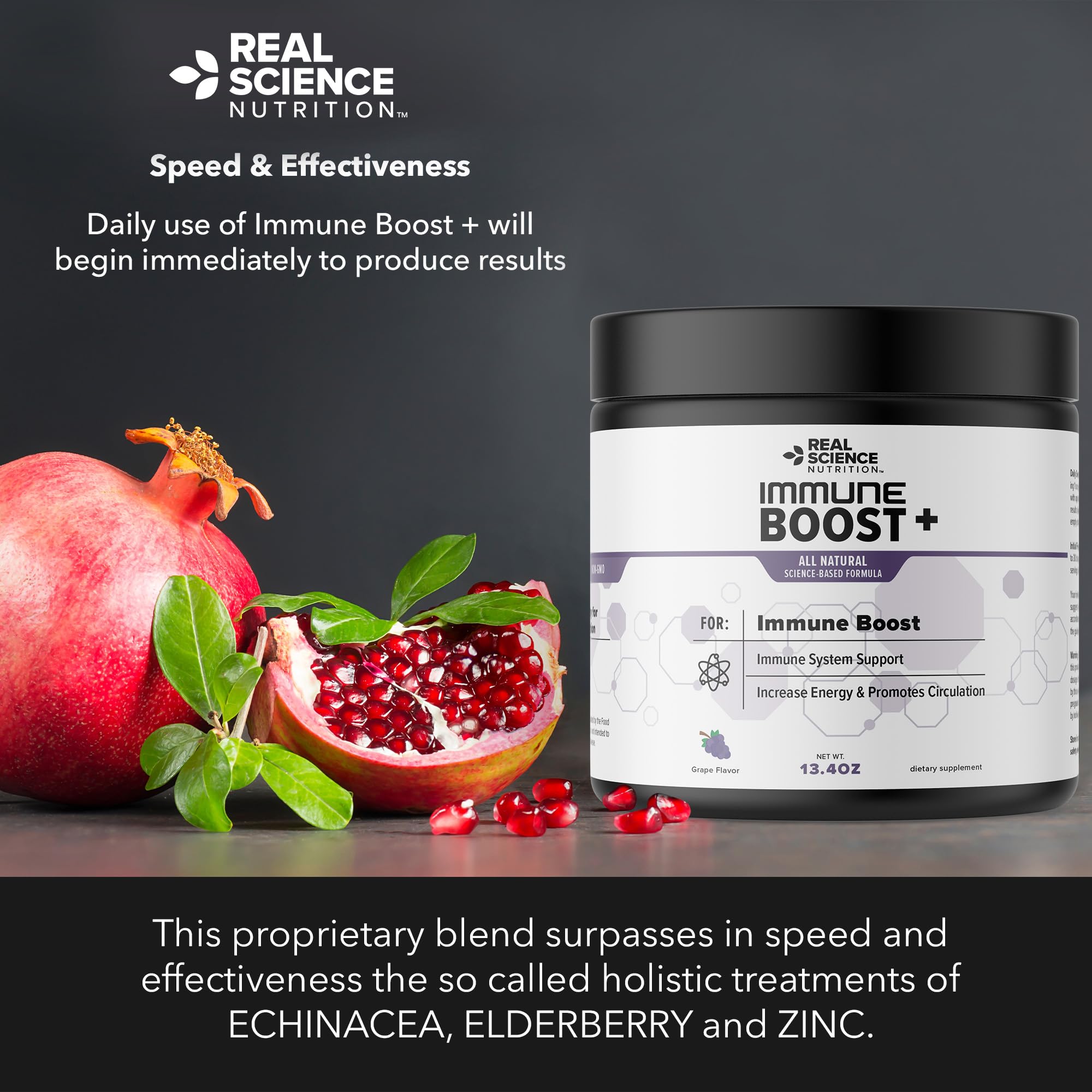 Close label detail on Real Science Nutrition Immune Boost Plus shows ingredients