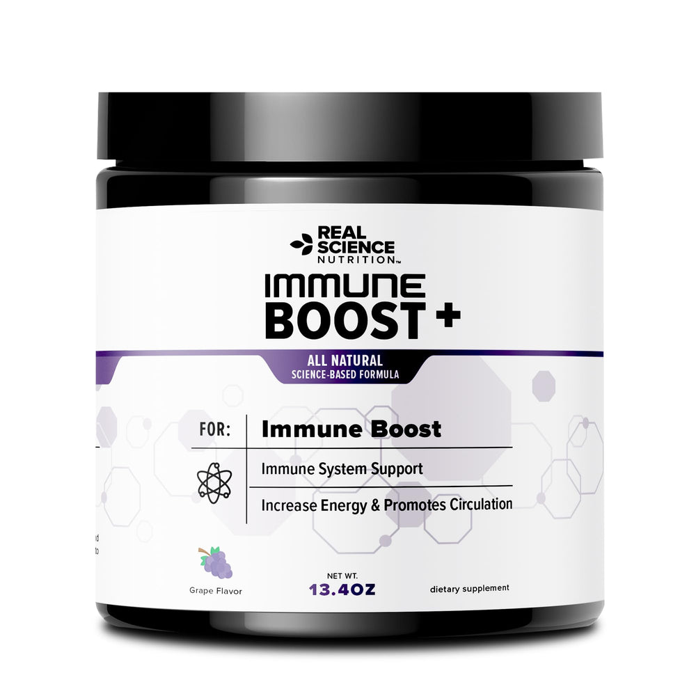 Real Science Nutrition Immune Boost Plus powder tub close-up for daily immune support