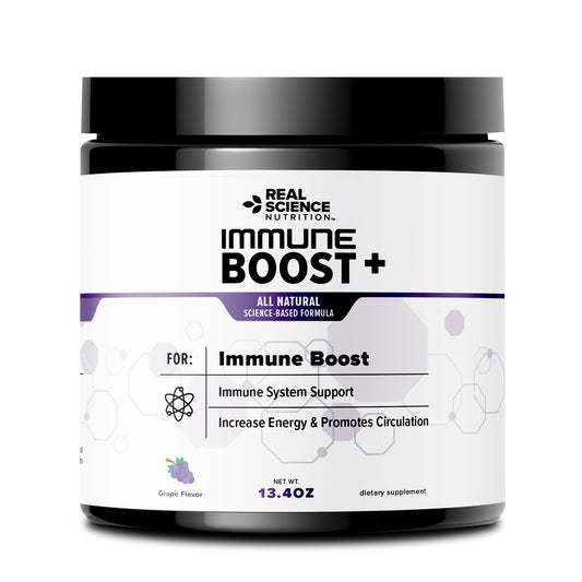 Real Science Nutrition Immune Boost Plus powder tub close-up for daily immune support