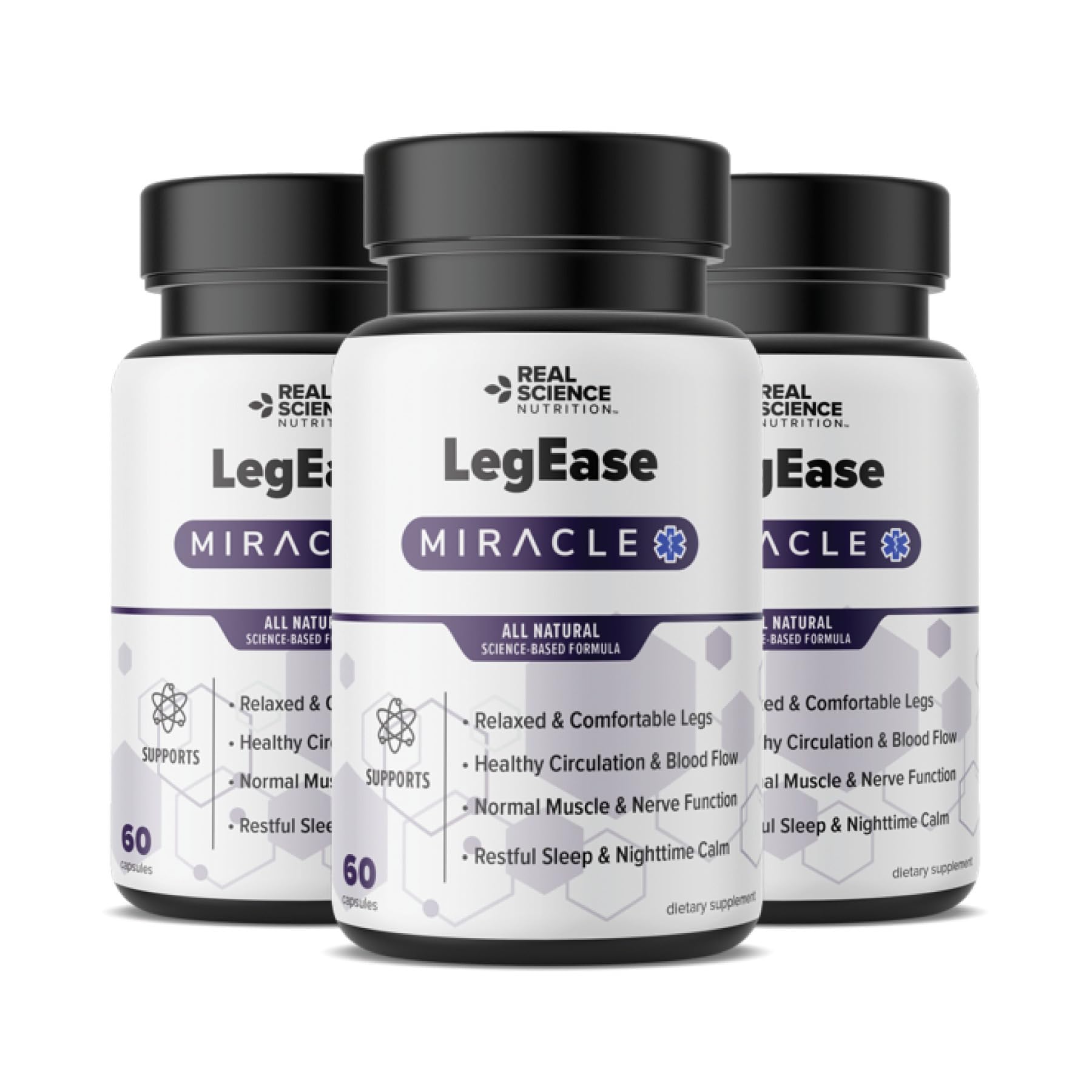 Real Science Nutrition LegEase Miracle bottle on nightstand supports peaceful sleep.