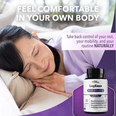 Real Science Nutrition LegEase Miracle ingredients chart highlights vitamins and nitric oxide support.