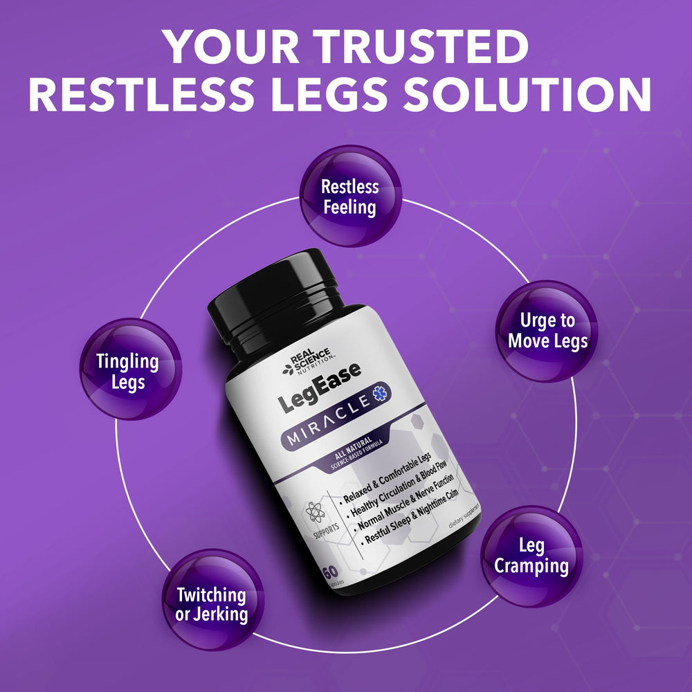 Real Science Nutrition LegEase Miracle packaging front shows natural leg relief emphasis.