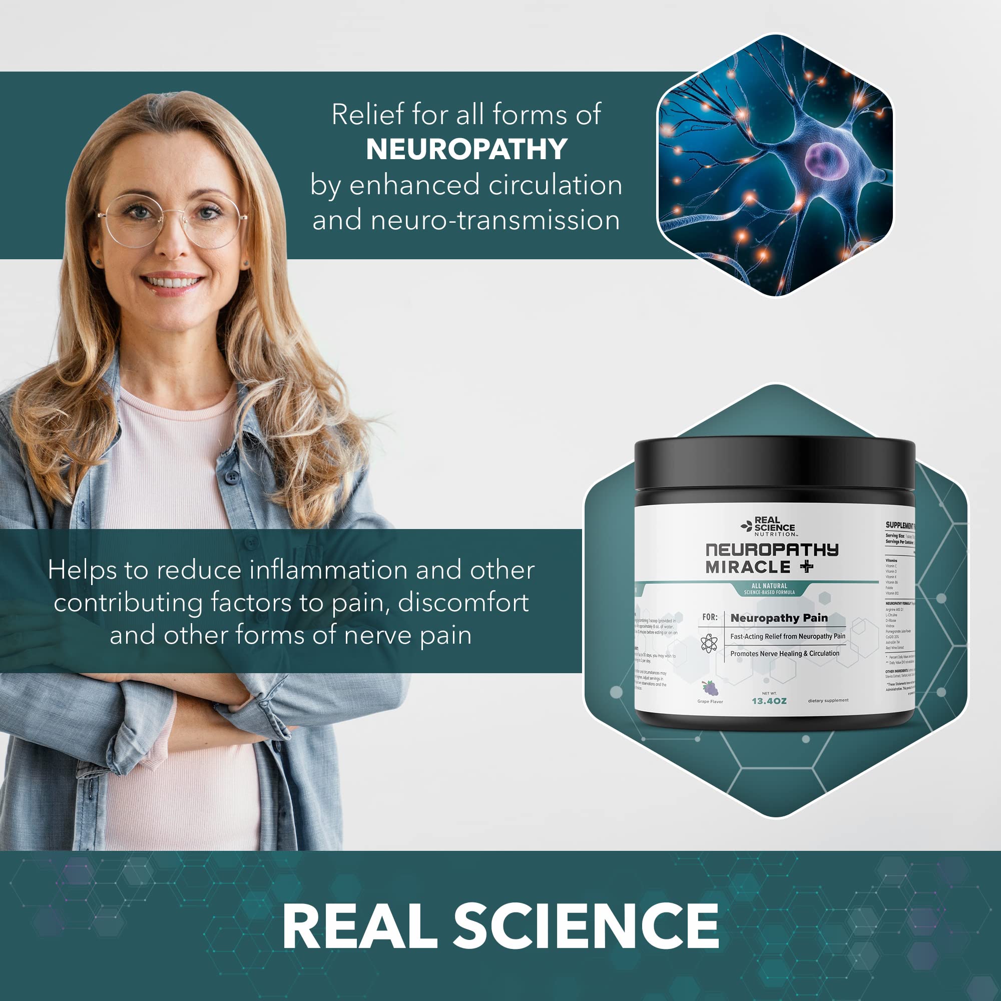 Ingredients blend of Real Science Nutrition Neuropathy Miracle featuring amino acids and herbs.