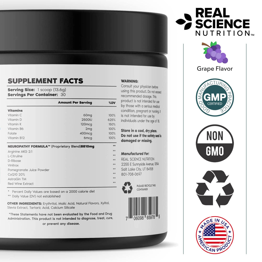 User holding Real Science Nutrition Neuropathy Miracle tub for trusted daily support.
