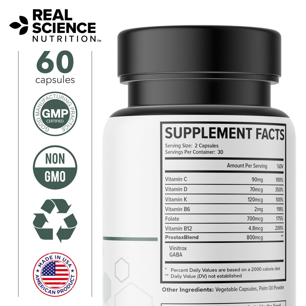 Real Science Nutrition Prostax Miracle bottle on bathroom counter for daily routines